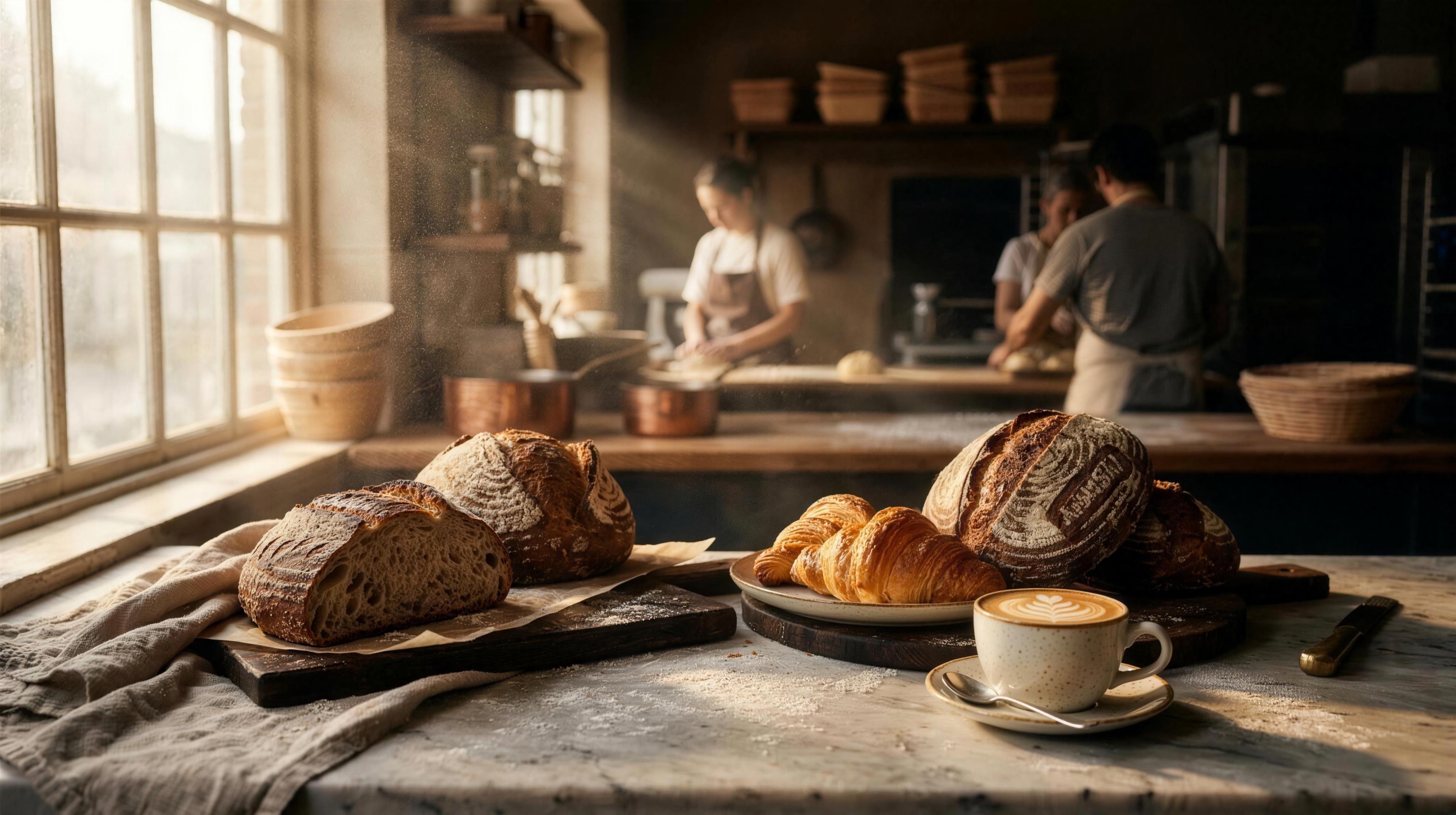Artisan bakery — sourdough, croissants and coffee