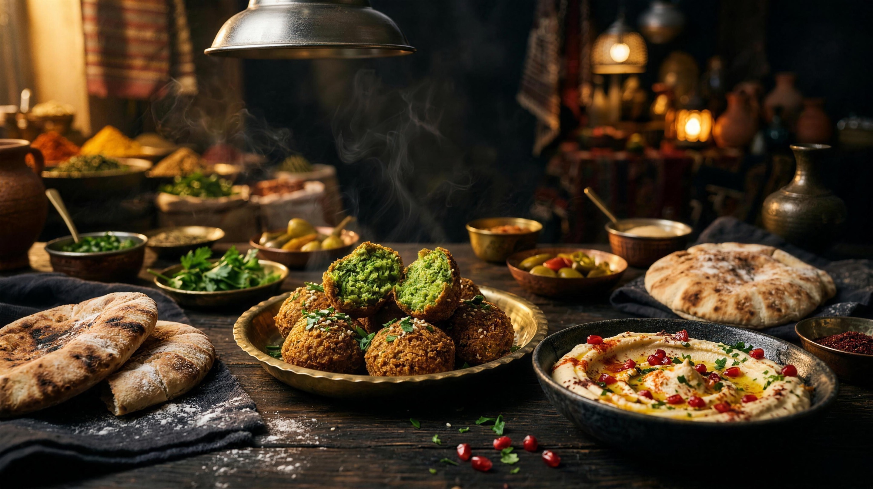 Middle-Eastern mezze — falafel, pita and hummus