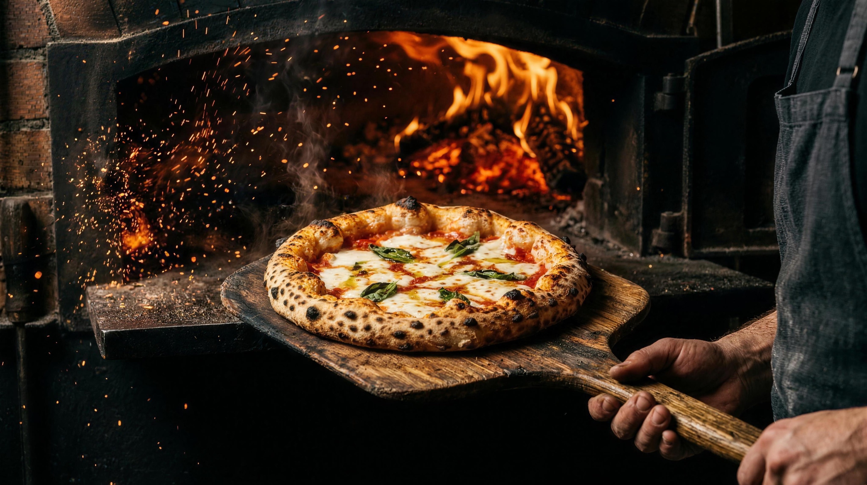 Wood-fired Neapolitan pizza pulled from the oven